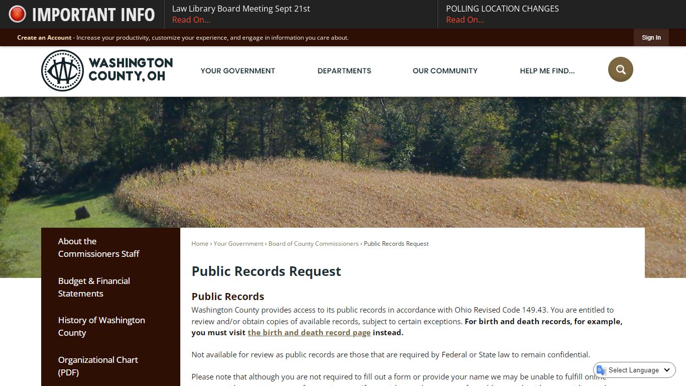 Public Records Request - Washington County, Ohio